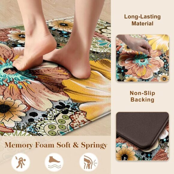 AMM Anti Fatigue Kitchen Mats for Floor Set of 2 Beige Boho  New Set of 2 Boho Floral Kitchen Mat, Cushioned, Non-Slip, Waterproof Foam